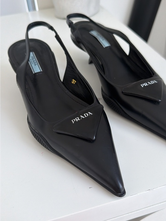 Prada Shoes - Prada Black Pointed Slingback Pumps with Logo Plaque